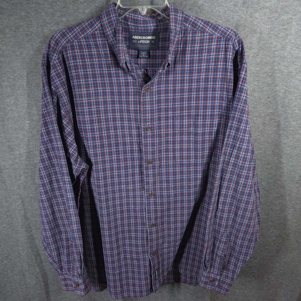 Abercrombie & Fitch Mens XL Plaid Button Up Shirt Blue Red Cotton Casual Y2K